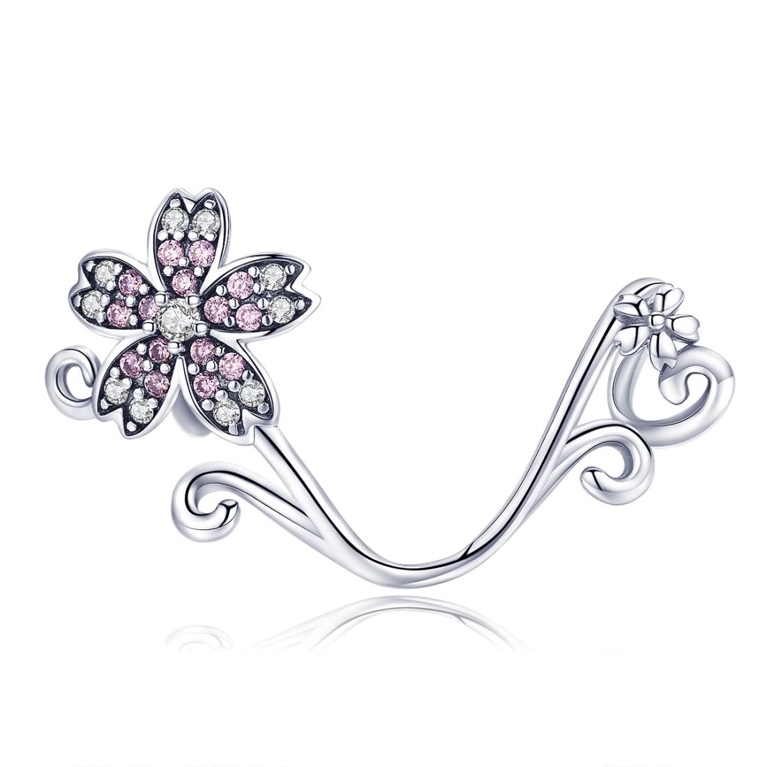 Pave Crystal Pink Flower Sterling Silver Bead Charm Bracelet Necklace Pendant