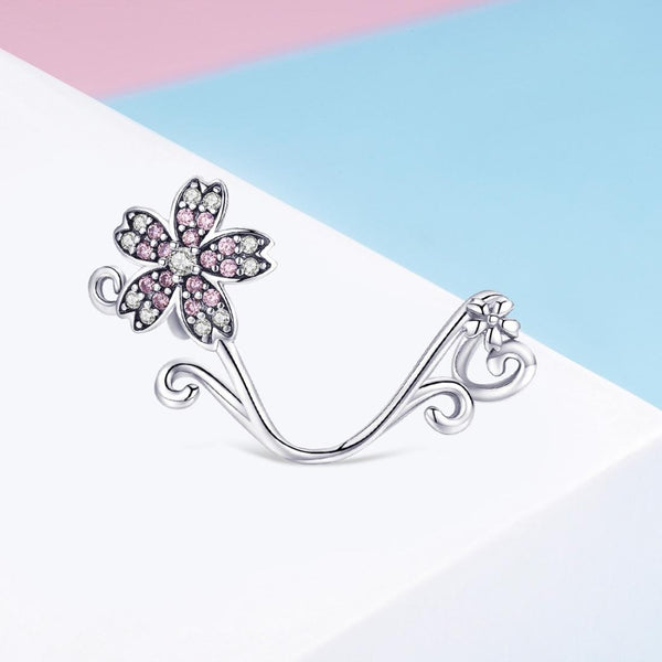Pave Crystal Pink Flower Sterling Silver Bead Charm Bracelet Necklace Pendant