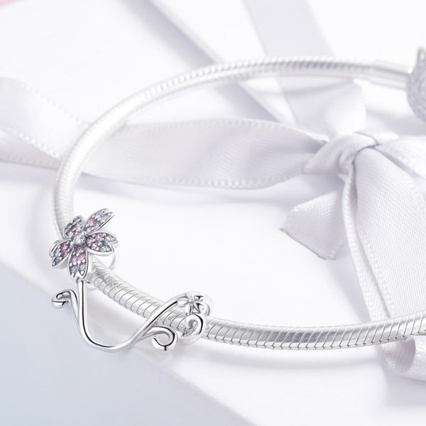 Pave Crystal Pink Flower Sterling Silver Bead Charm Bracelet Necklace Pendant
