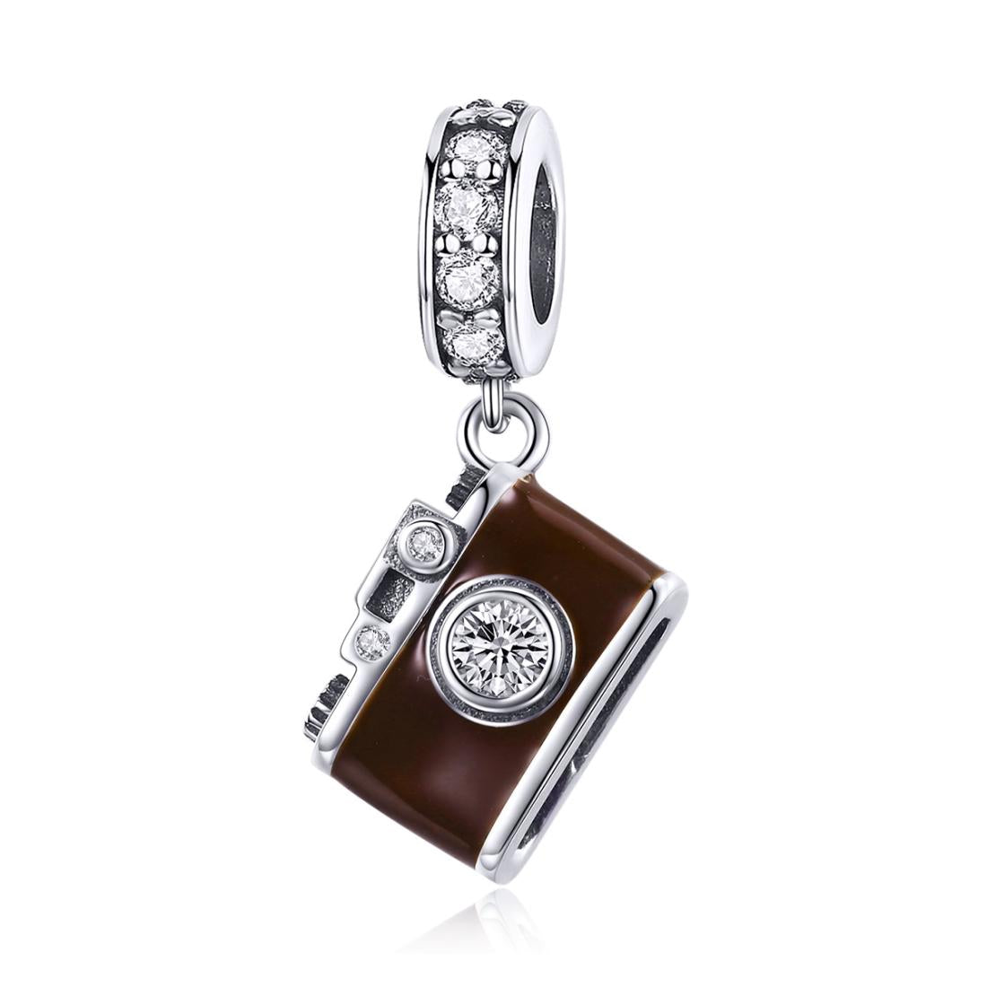 Photographer Camera Enamel Sterling Silver Zircon CZ Bead Charm Bracelet Necklace