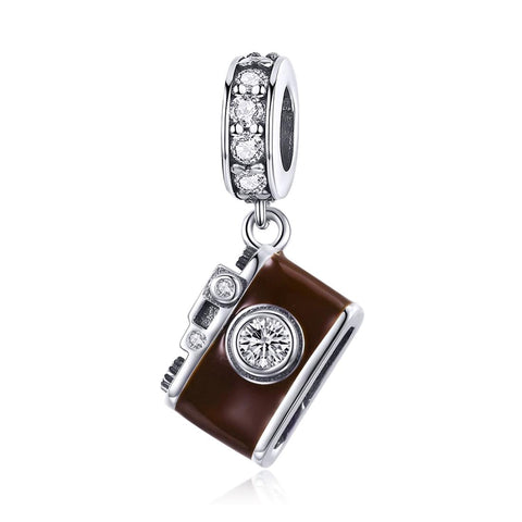 Photographer Camera Enamel Sterling Silver Zircon CZ Bead Charm Bracelet Necklace