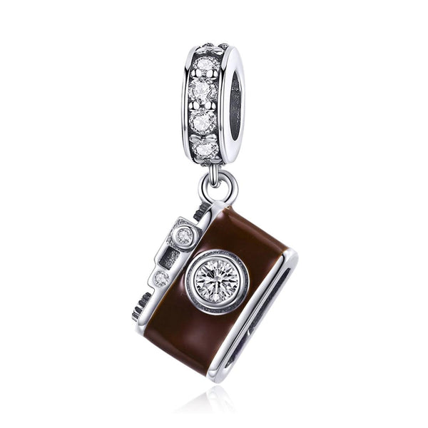 Photographer Camera Enamel Sterling Silver Zircon CZ Bead Charm Bracelet Necklace