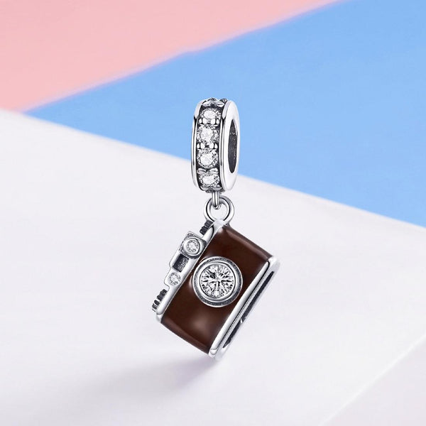 Photographer Camera Enamel Sterling Silver Zircon CZ Bead Charm Bracelet Necklace