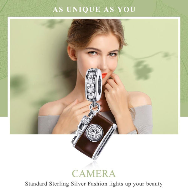Photographer Camera Enamel Sterling Silver Zircon CZ Bead Charm Bracelet Necklace