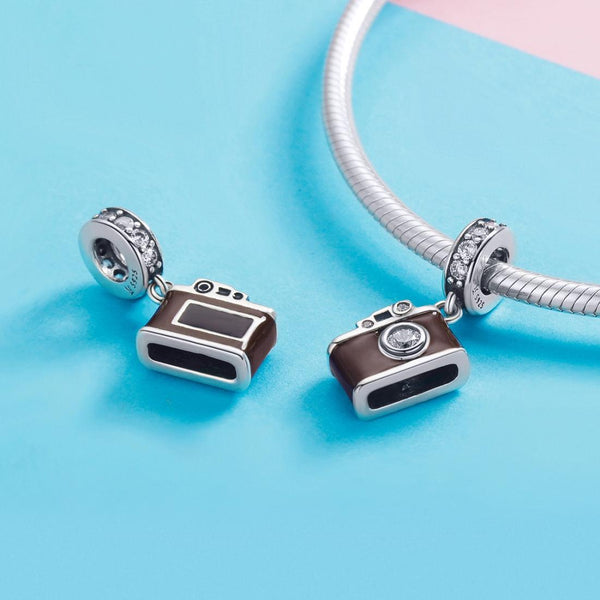 Photographer Camera Enamel Sterling Silver Zircon CZ Bead Charm Bracelet Necklace