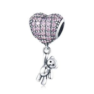 Pink Bear Balloon Heart Sterling Silver Zircon CZ Bead Charm Bracelet Necklace