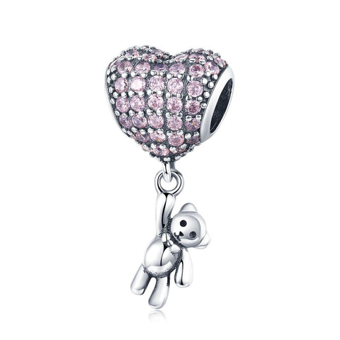 Pink Bear Balloon Heart Sterling Silver Zircon CZ Bead Charm Bracelet Necklace