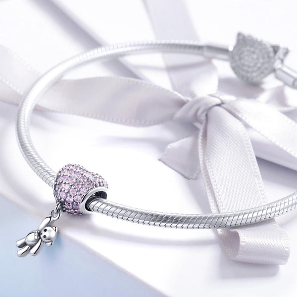 Pink Bear Balloon Heart Sterling Silver Zircon CZ Bead Charm Bracelet Necklace