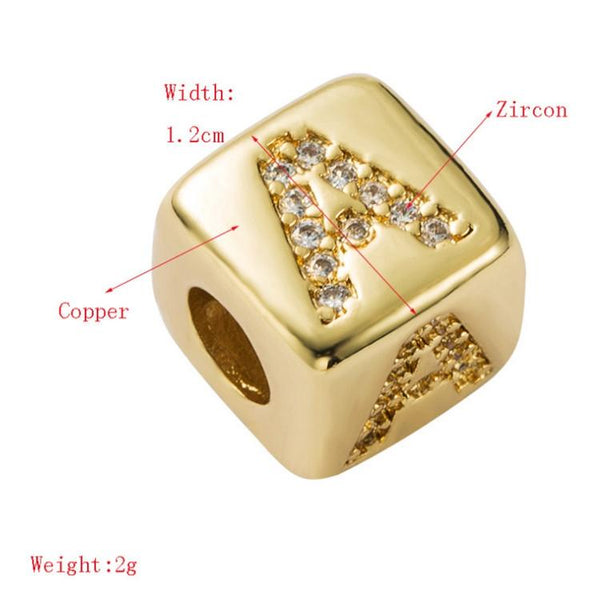 Gold Colour Letter Initial Copper Zircon CZ Bead Charm Bracelet Necklace K