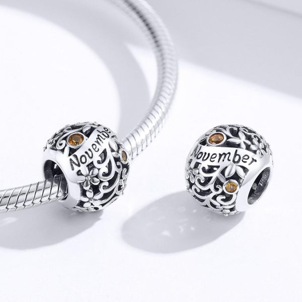 Topaz November Birthstone Sterling Silver Zircon CZ Bead Charm Bracelet Necklace