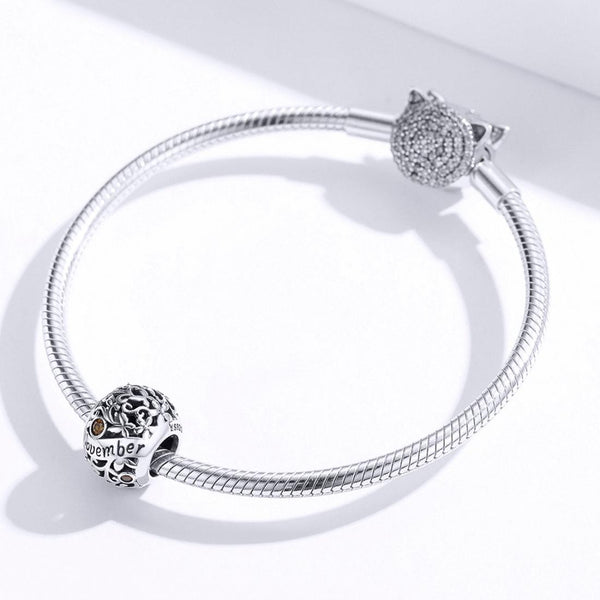 Topaz November Birthstone Sterling Silver Zircon CZ Bead Charm Bracelet Necklace