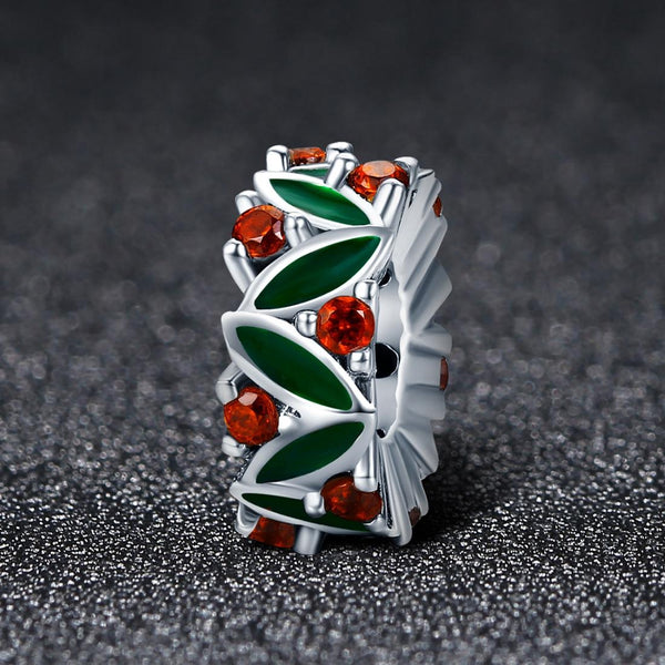 Christmas Leaves Sterling Silver Zircon CZ Spacer Bead Charm Bracelet Necklace