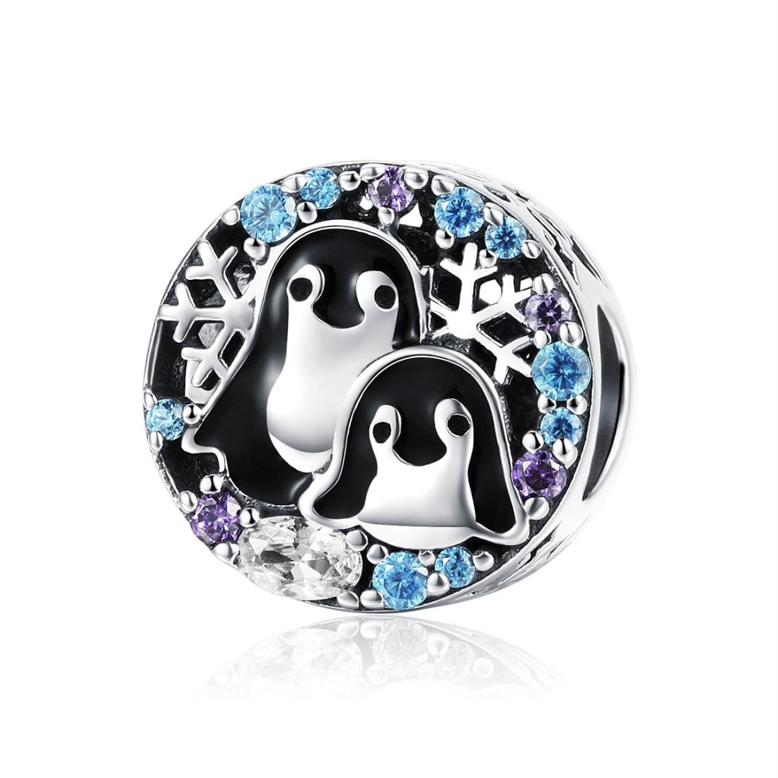 Penguins Enamel Sterling Silver Zircon CZ Bead Charm Bracelet Necklace