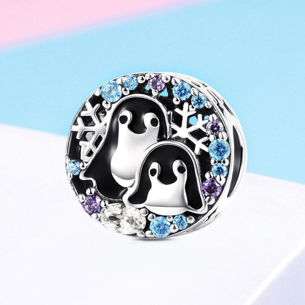 Penguins Enamel Sterling Silver Zircon CZ Bead Charm Bracelet Necklace