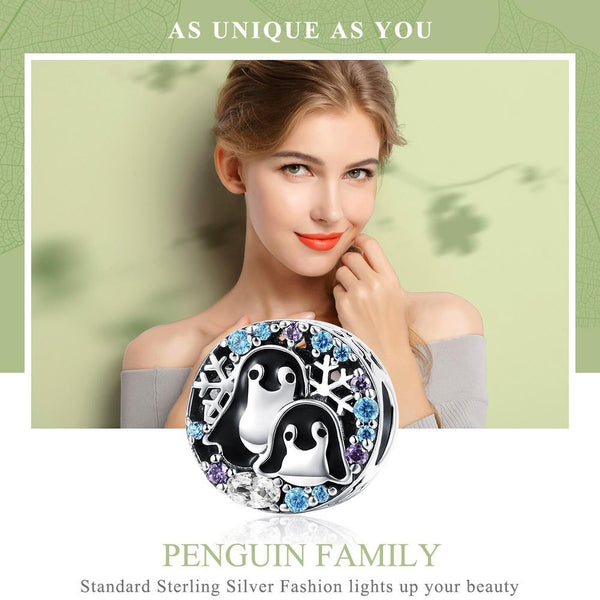 Penguins Enamel Sterling Silver Zircon CZ Bead Charm Bracelet Necklace