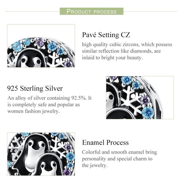 Penguins Enamel Sterling Silver Zircon CZ Bead Charm Bracelet Necklace
