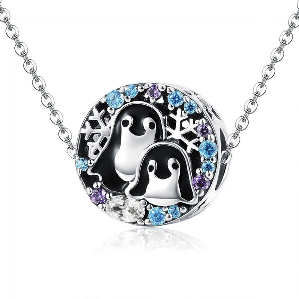 Penguins Enamel Sterling Silver Zircon CZ Bead Charm Bracelet Necklace
