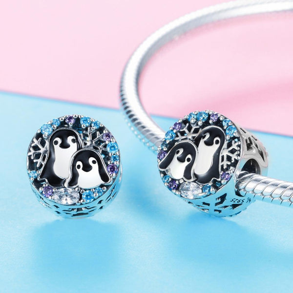 Penguins Enamel Sterling Silver Zircon CZ Bead Charm Bracelet Necklace
