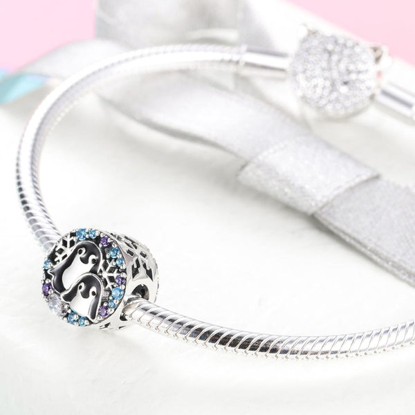 Penguins Enamel Sterling Silver Zircon CZ Bead Charm Bracelet Necklace