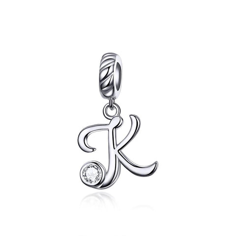 K Letter Initial Platinum Plated Sterling Silver Crystal Zircon Charm Bracelet Necklace
