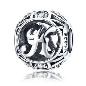 K Initial Letter Sterling Silver Zircon CZ Bead Charm Bracelet Necklace
