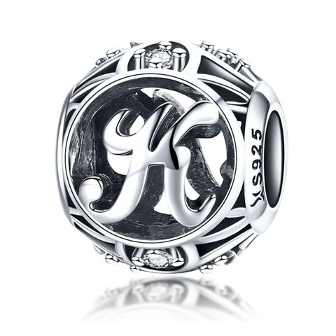 K Initial Letter Sterling Silver Zircon CZ Bead Charm Bracelet Necklace