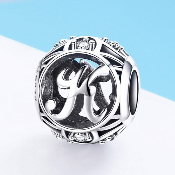 K Initial Letter Sterling Silver Zircon CZ Bead Charm Bracelet Necklace