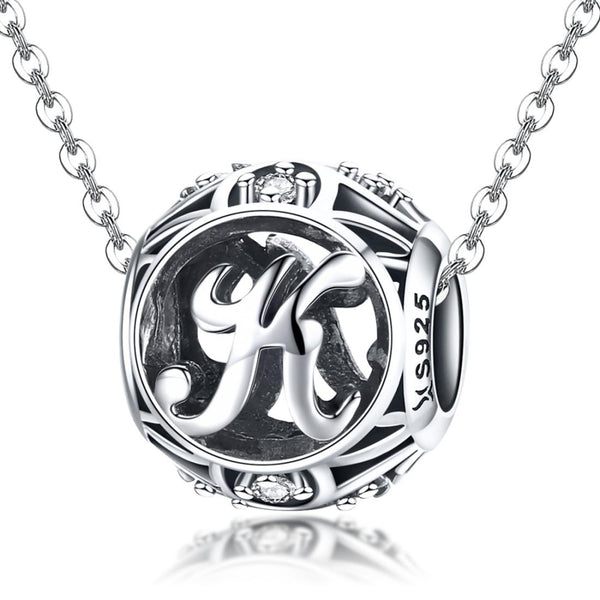 K Initial Letter Sterling Silver Zircon CZ Bead Charm Bracelet Necklace