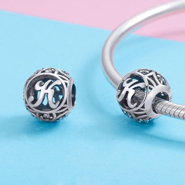 K Initial Letter Sterling Silver Zircon CZ Bead Charm Bracelet Necklace