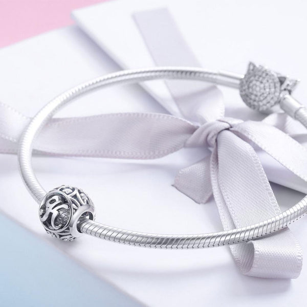 K Initial Letter Sterling Silver Zircon CZ Bead Charm Bracelet Necklace