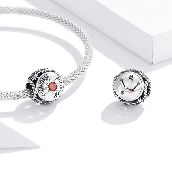 Aquarius Zodiac Sterling Silver Zircon CZ Bead Charm Bracelet Necklace