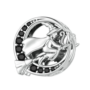 Witch Broomstick Moon Sterling Silver Zircon CZ Bead Charm Bracelet Necklace