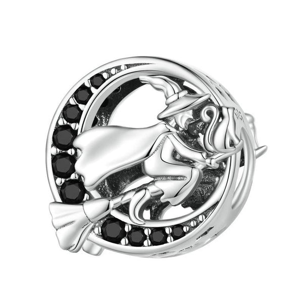 Witch Broomstick Moon Sterling Silver Zircon CZ Bead Charm Bracelet Necklace