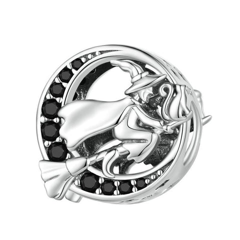 Witch Broomstick Moon Sterling Silver Zircon CZ Bead Charm Bracelet Necklace
