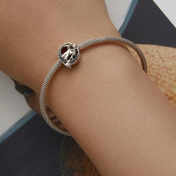 Witch Broomstick Moon Sterling Silver Zircon CZ Bead Charm Bracelet Necklace