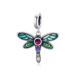 Dragonfly Enamel Sterling Silver Zircon CZ Bead Charm Pendant Bracelet Necklace