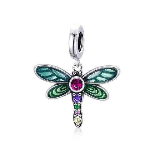 Dragonfly Enamel Sterling Silver Zircon CZ Bead Charm Pendant Bracelet Necklace