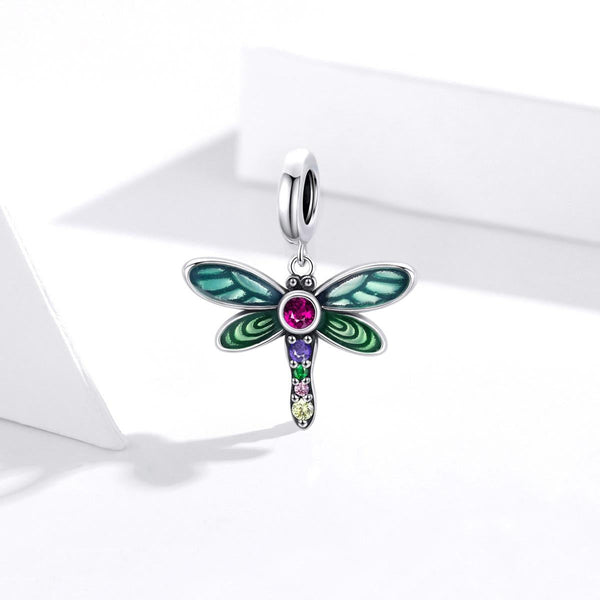 Dragonfly Enamel Sterling Silver Zircon CZ Bead Charm Pendant Bracelet Necklace