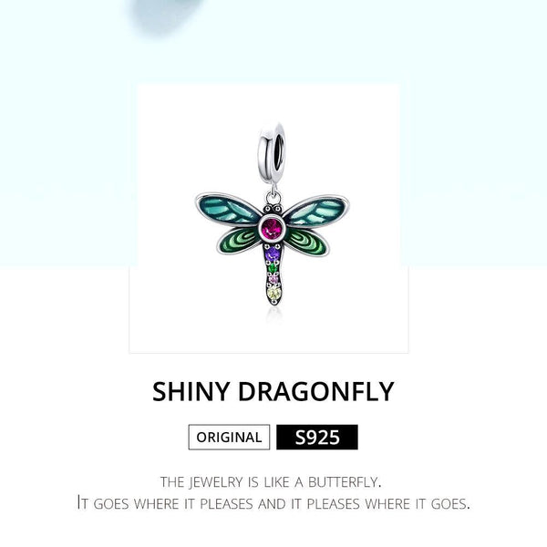 Dragonfly Enamel Sterling Silver Zircon CZ Bead Charm Pendant Bracelet Necklace