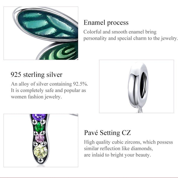 Dragonfly Enamel Sterling Silver Zircon CZ Bead Charm Pendant Bracelet Necklace