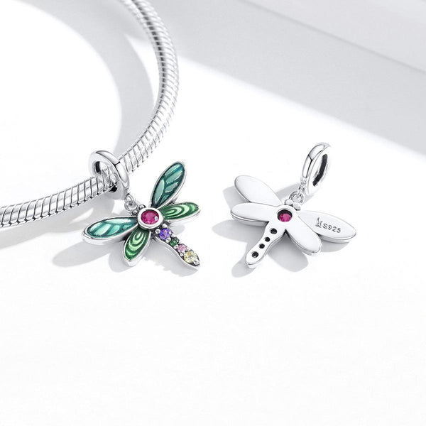 Dragonfly Enamel Sterling Silver Zircon CZ Bead Charm Pendant Bracelet Necklace