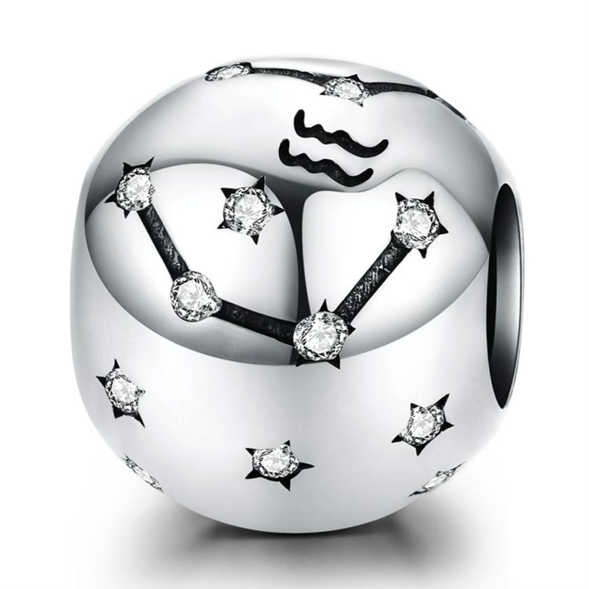 Aquarius Zodiac Constellation Sterling Silver Zircon CZ Bead Charm Bracelet Necklace