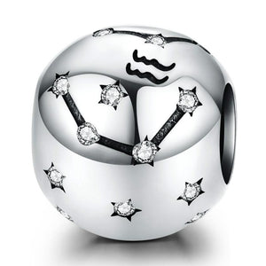 Aquarius Zodiac Constellation Sterling Silver Zircon CZ Bead Charm Bracelet Necklace