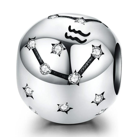 Aquarius Zodiac Constellation Sterling Silver Zircon CZ Bead Charm Bracelet Necklace