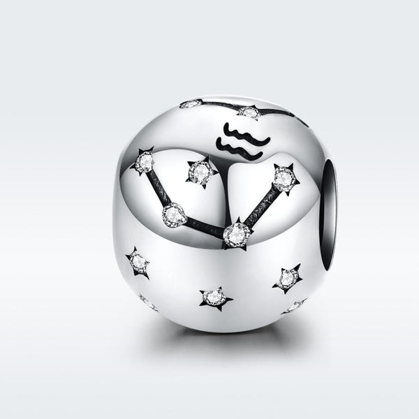 Aquarius Zodiac Constellation Sterling Silver Zircon CZ Bead Charm Bracelet Necklace