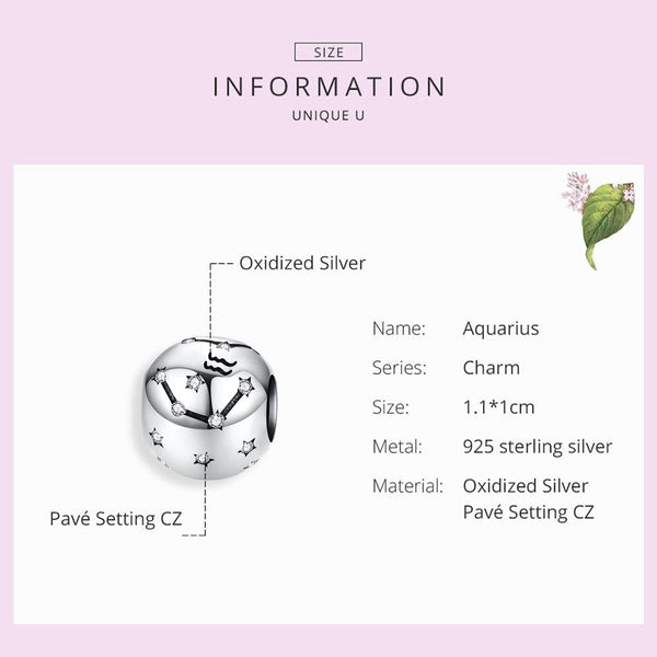 Aquarius Zodiac Constellation Sterling Silver Zircon CZ Bead Charm Bracelet Necklace