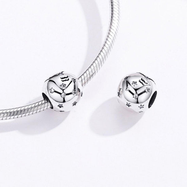 Aquarius Zodiac Constellation Sterling Silver Zircon CZ Bead Charm Bracelet Necklace
