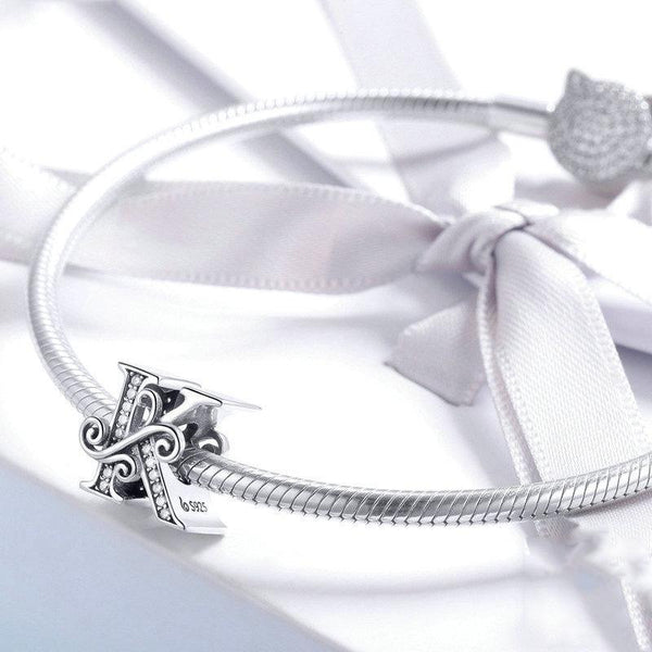Initial Letter Gothic Victorian Sterling Silver Zircon CZ Bead Charm Bracelet K