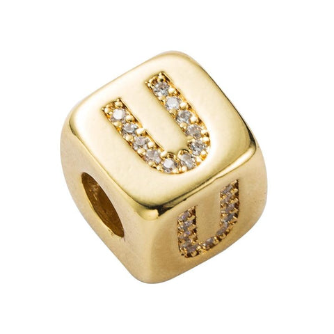 Gold Colour Letter Initial Copper Zircon CZ Bead Charm Bracelet Necklace U
