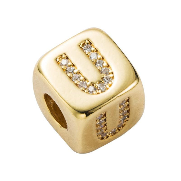 Gold Colour Letter Initial Copper Zircon CZ Bead Charm Bracelet Necklace U